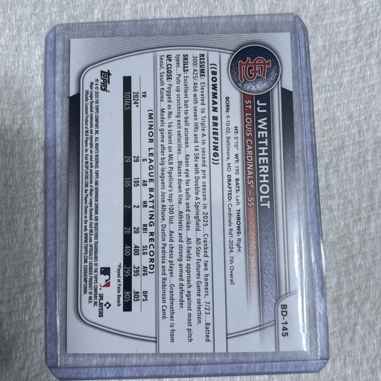 2025 Bowman Draft JJ Wetherholt #BD-145 Blue /150