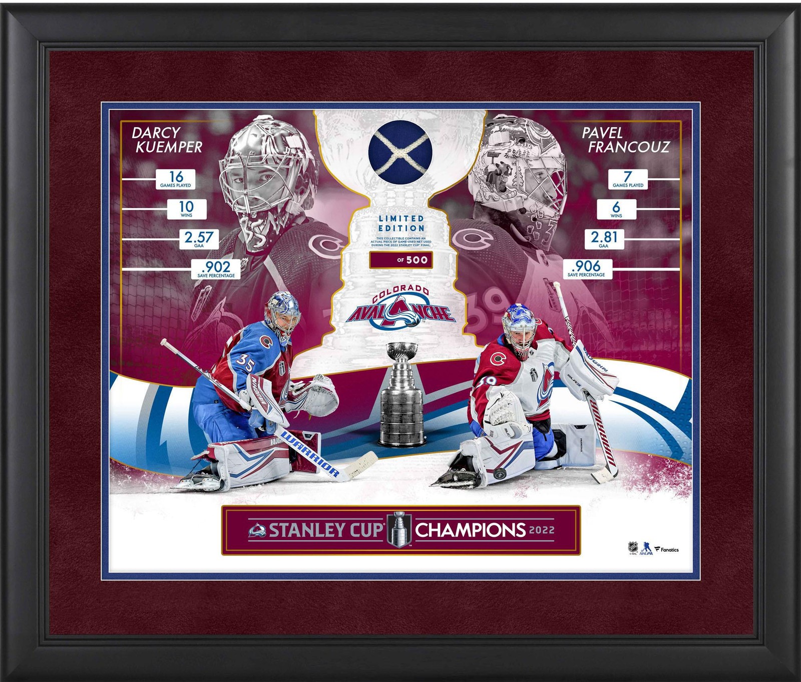 Kuemper & Francouz Avalanche ’22 SC Champ Framed 16×20 Collage w/GU Net LE 1/500
