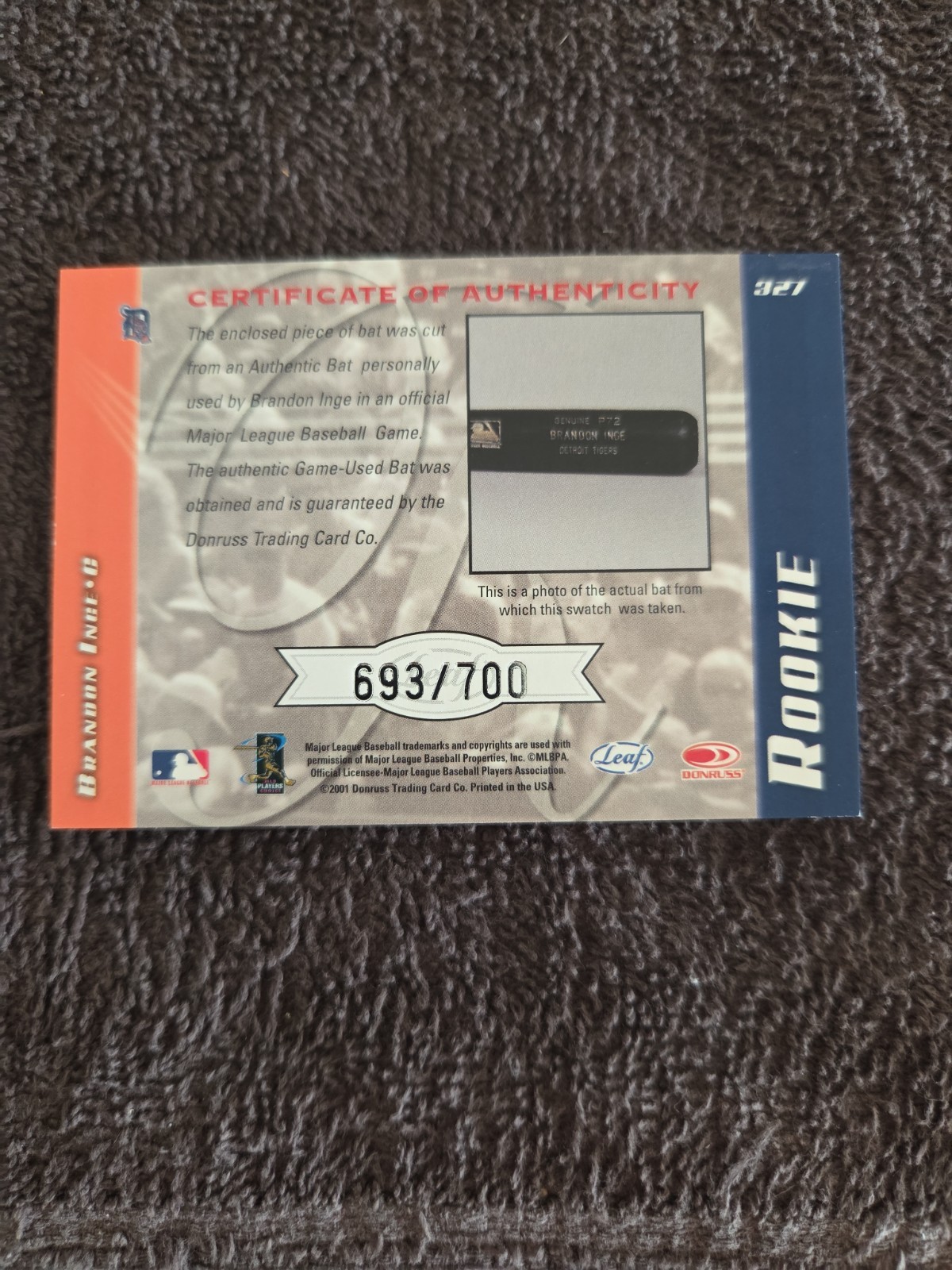 2001 Leaf Limited Brandon Inge 100Pt Rookie Relic Baseball Card #327 693/700