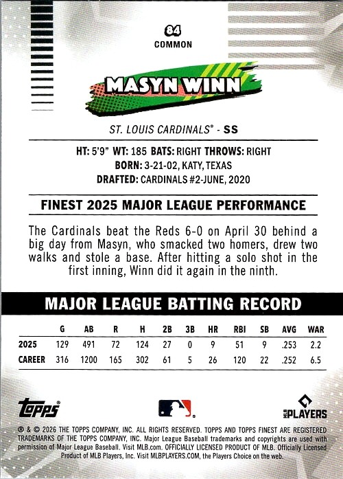 2026 Topps Finest #84 Masyn Winn Mini Diamond