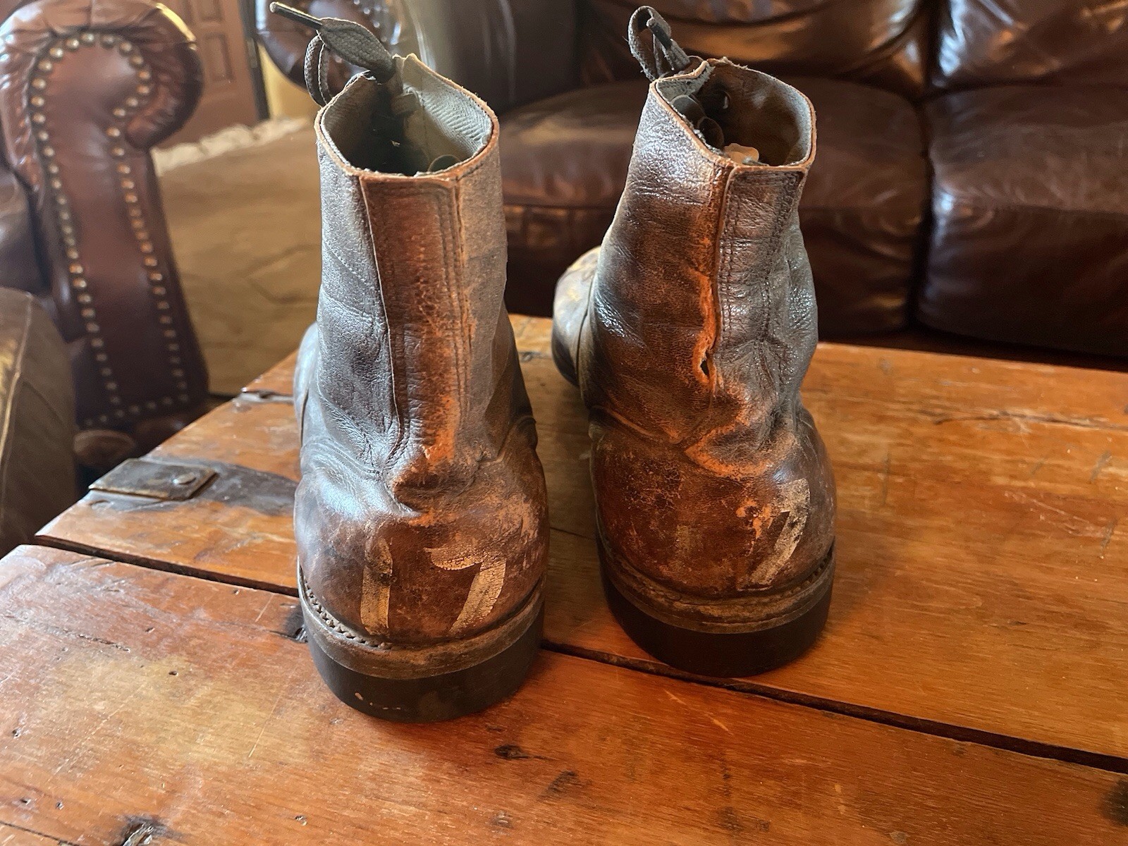Football Rugby shoes antique leather with cleats vintage sports memorabilia