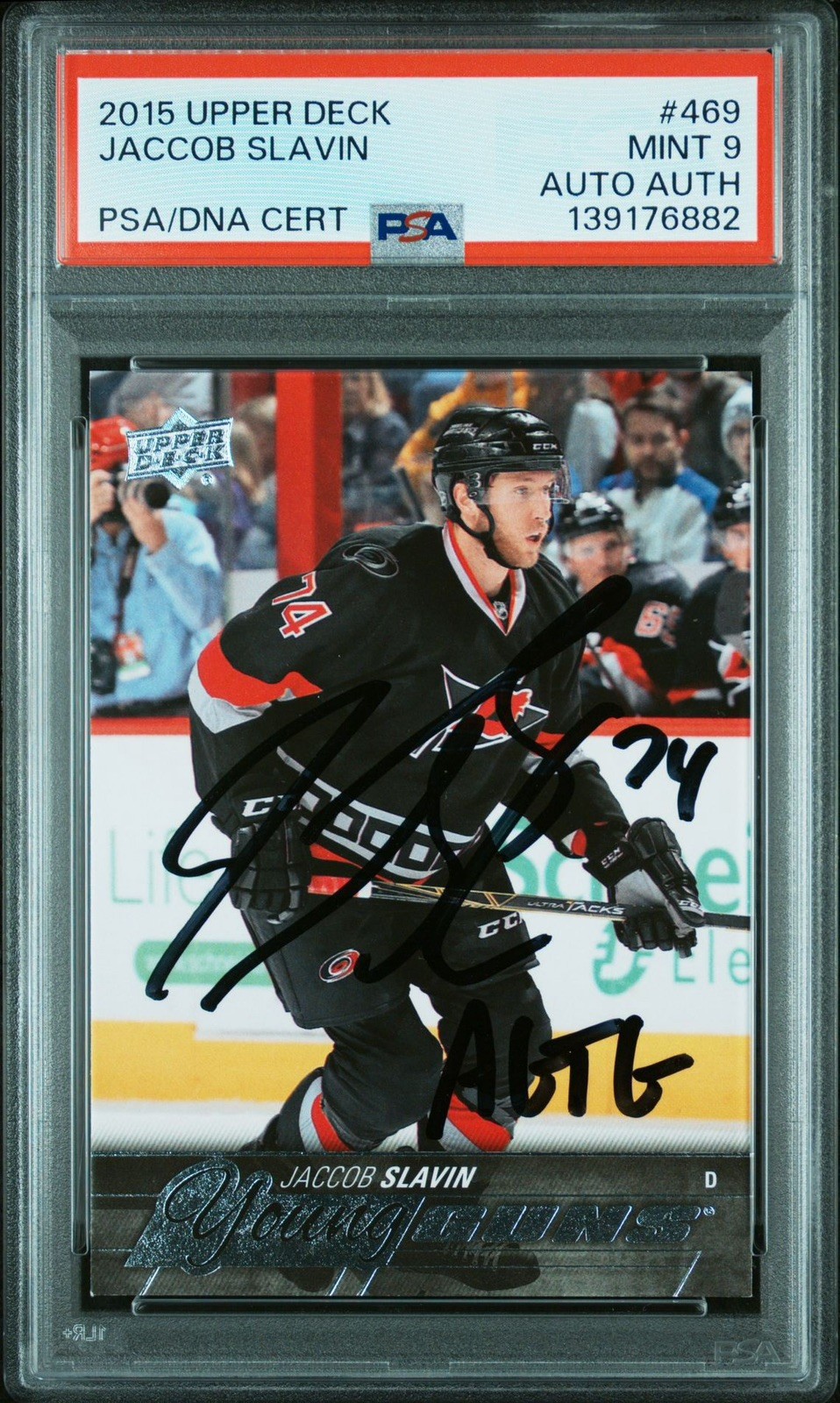 2015-16 Upper Deck Young Guns Jaccob Slavin #469 (RC) Autographed PSA 9