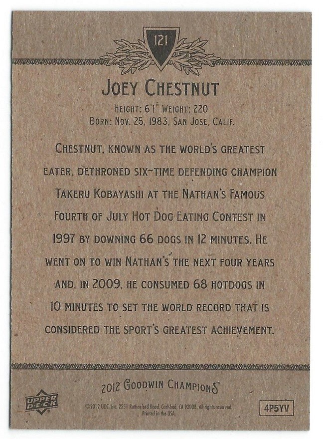 Joey Chestnut 2012 Goodwin Champions Baseball Card Nathan’s Hot Dog Eating Champ