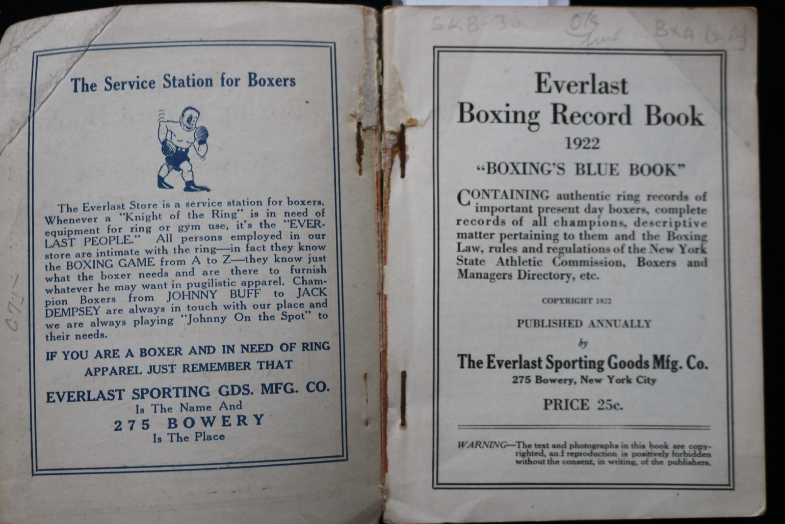 1922 EVERLAST BOXING RECORD AND BLUE BOOK SOFTCOVER BOOK – JACK DEMPSEY – K 3835
