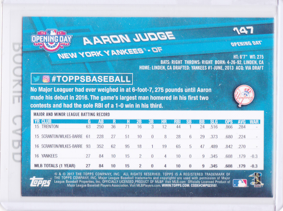 AARON JUDGE ROOKIE CARD 2017 Topps Opening Day NEW YORK YANKEES Baseball $$ RC!