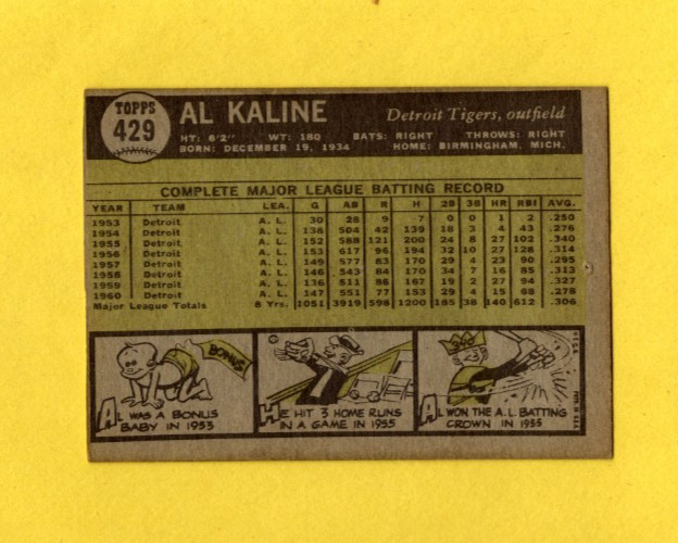 1961 Topps Al Kaline #429 Detroit Tigers EX/MINT TACK HOLE FREE SHIPPING
