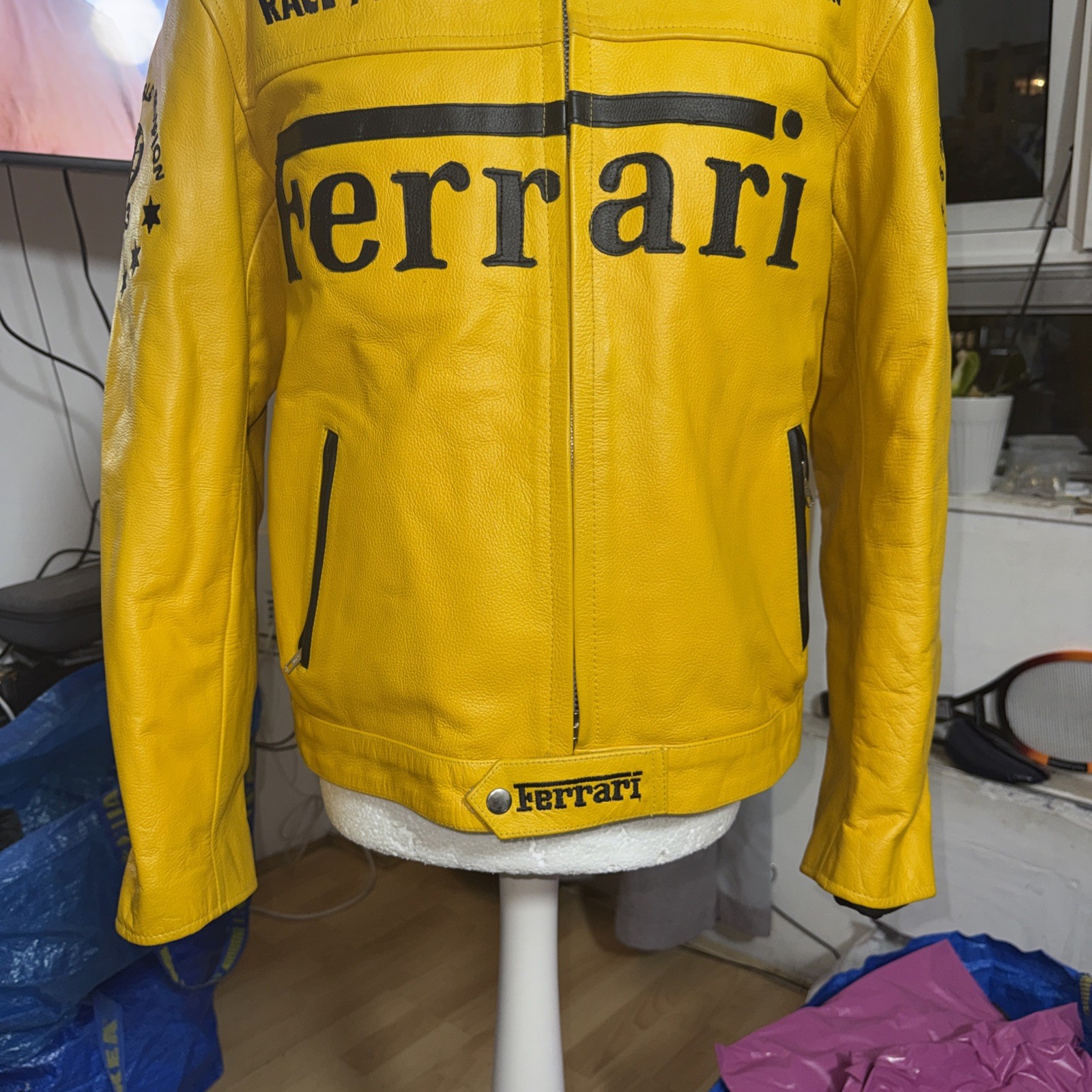 Vintage Michael Schumacher Ferrari Leather Jacket Mens Size large Yellow Black