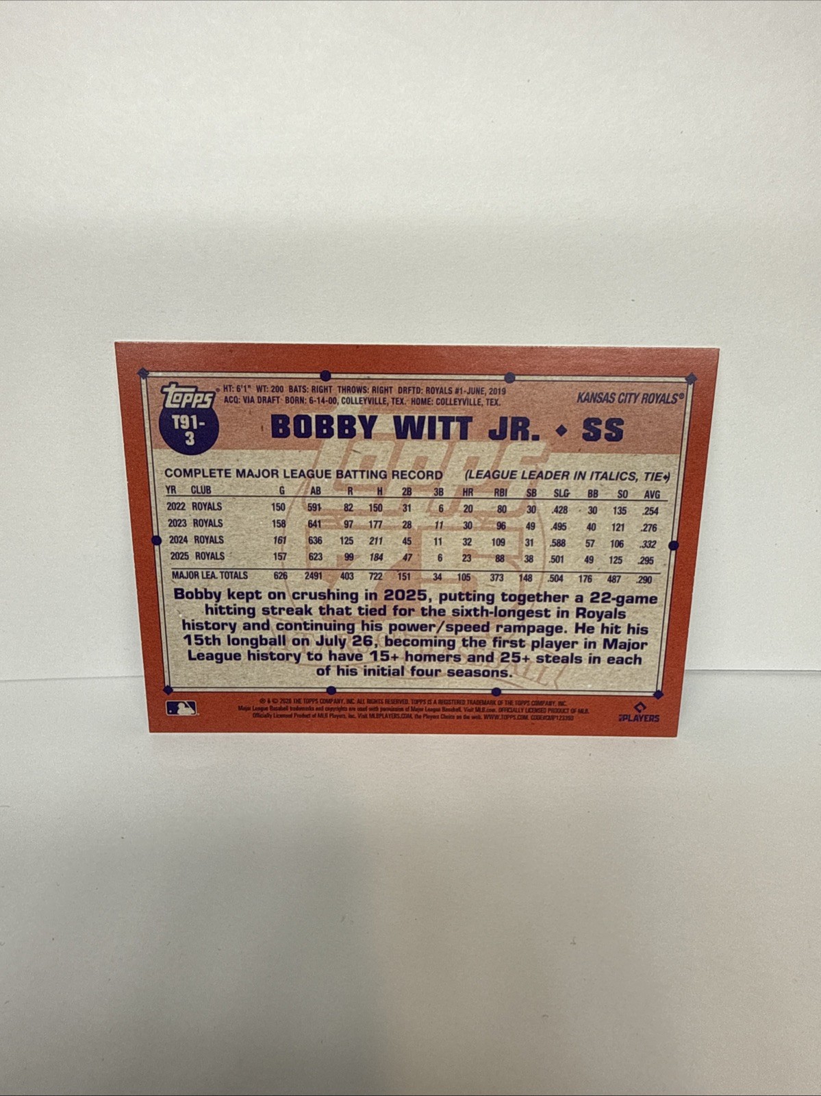 2026 Topps Series 1 1991 Topps Baseball Bobby Witt Jr. #T91-3 K.C Royals