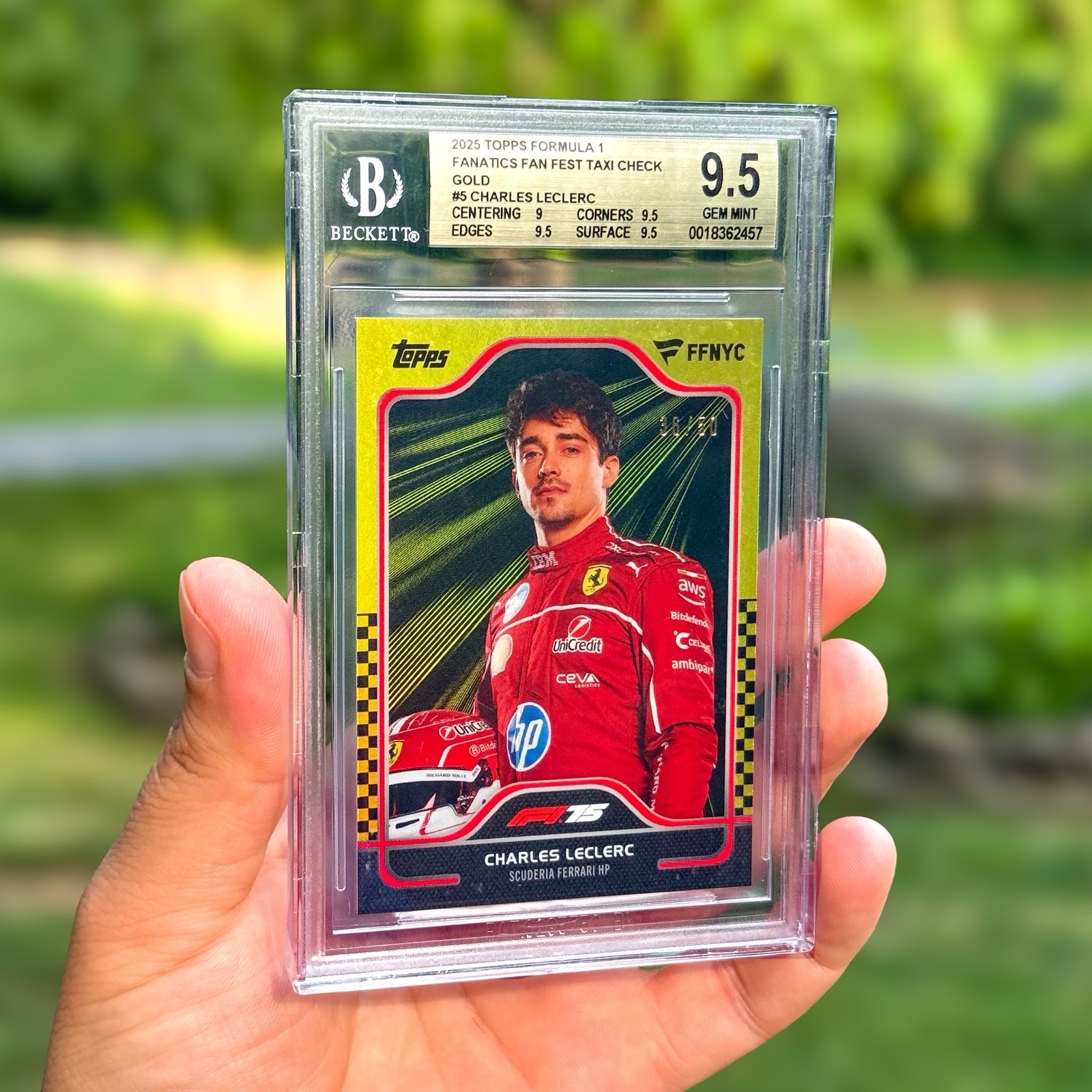 2025 Topps F1 Fanatics Fest NYC Charles Leclerc Taxi Check Gold #/50 BGS 9.5
