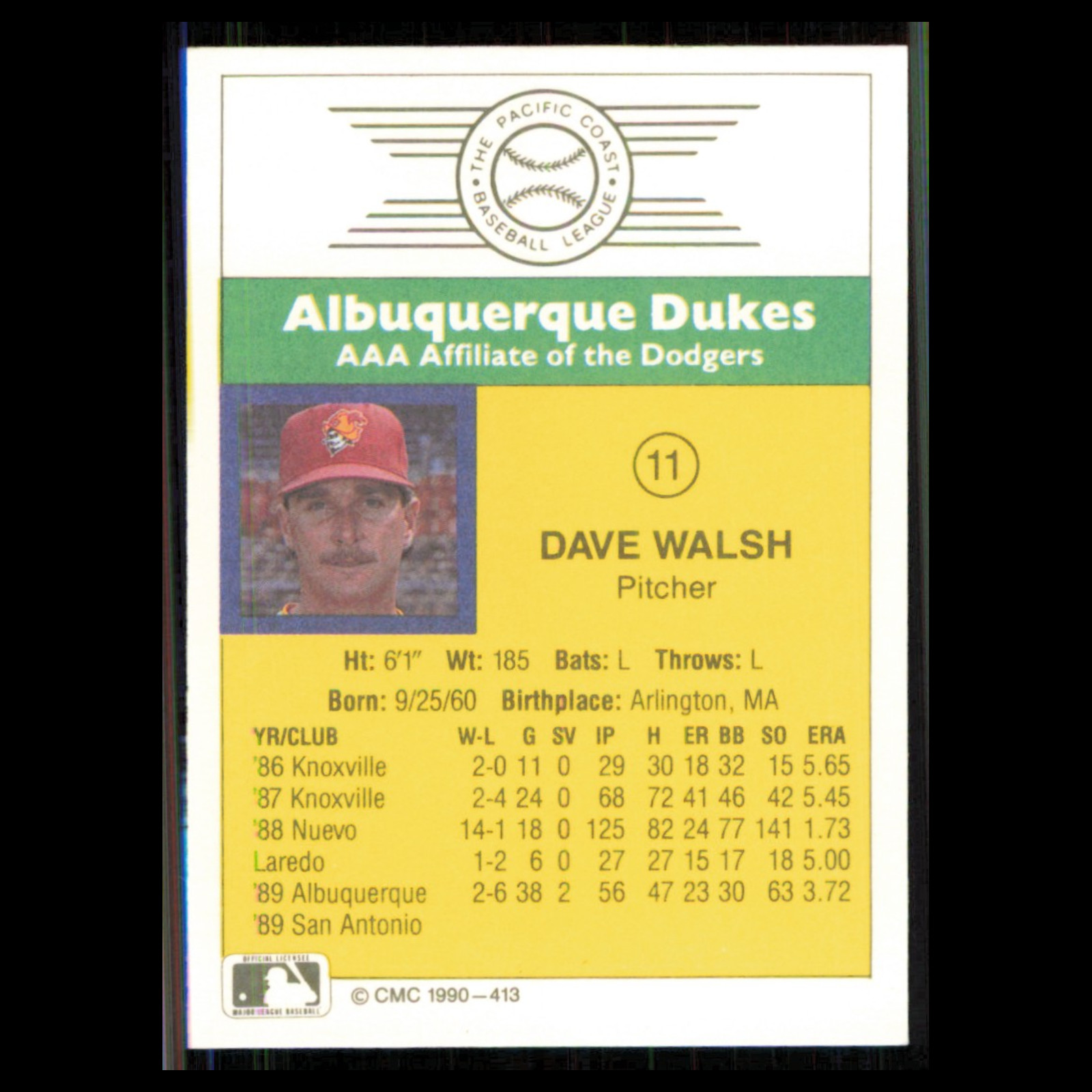 Dave Walsh #413 1990 CMC Minor League Albuquerque Dukes Baseball Card MLB NM