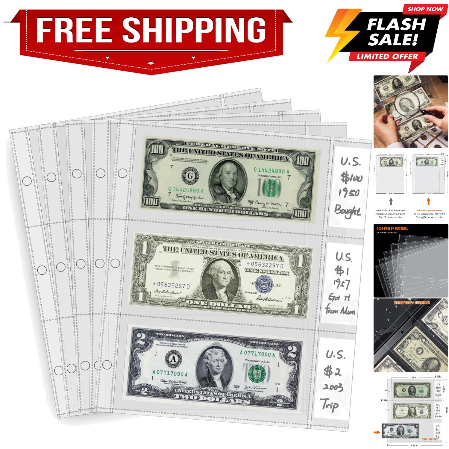 Currency Sleeves with Label Pockets, 50 PCS Banknote Sleeves, 3-Pocket Page P…