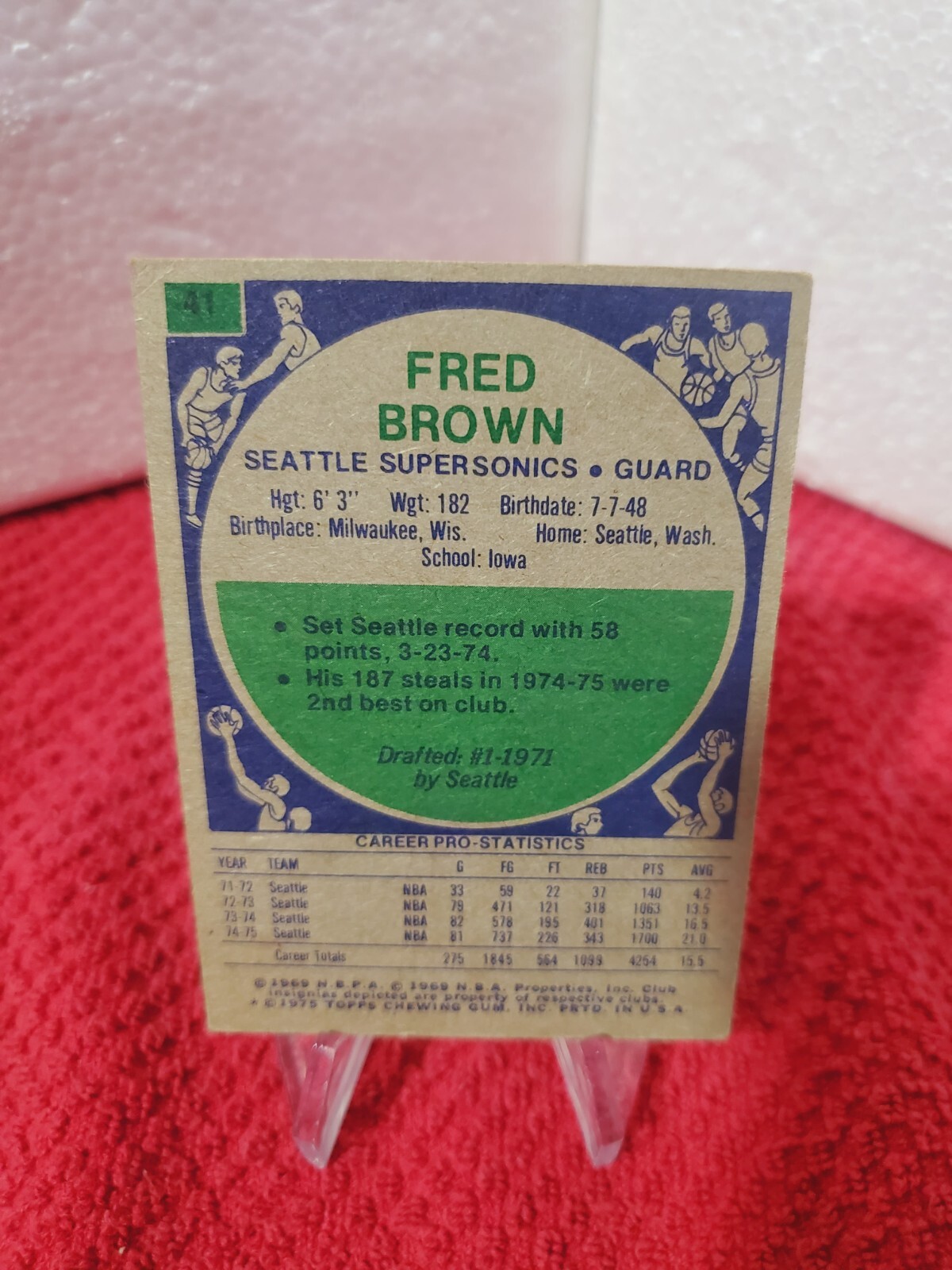 1975 Topps NBA Fred Brown #41 “Downtown Freddie Brown” Seattle Supersonics