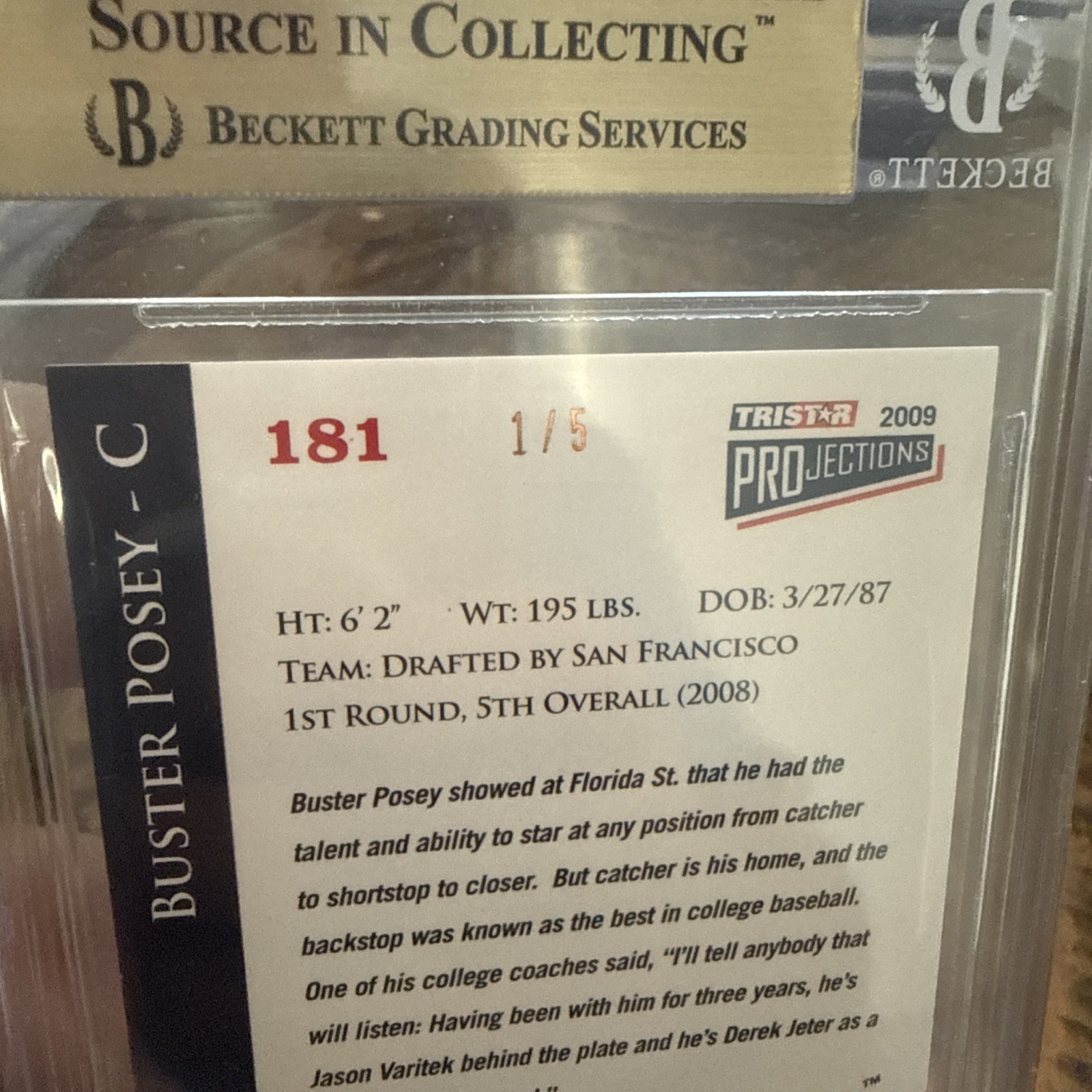 2009 TRISTAR PROjections Orange 1/5 Buster Posey #181 BGS 9 MINT SSP