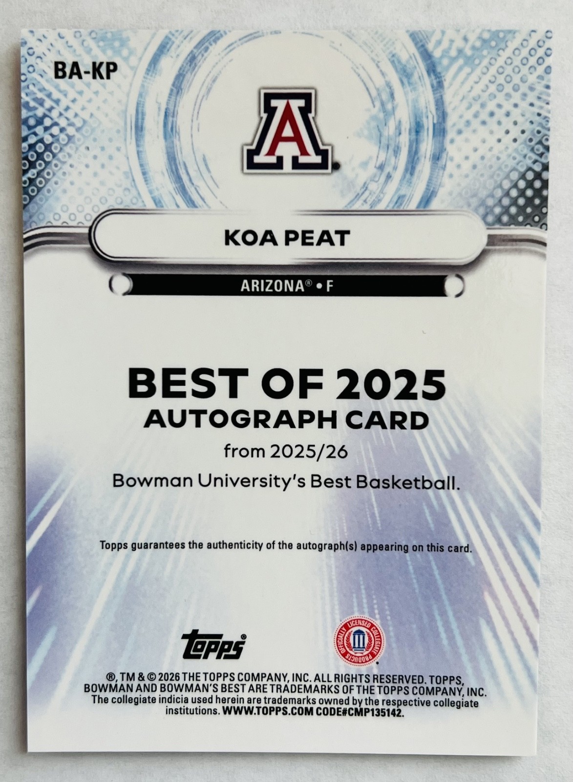 2025-26 Bowman U Best KOA PEAT Best of 2025 On Card Auto Yellow Laser /75 🔥🔥🔥