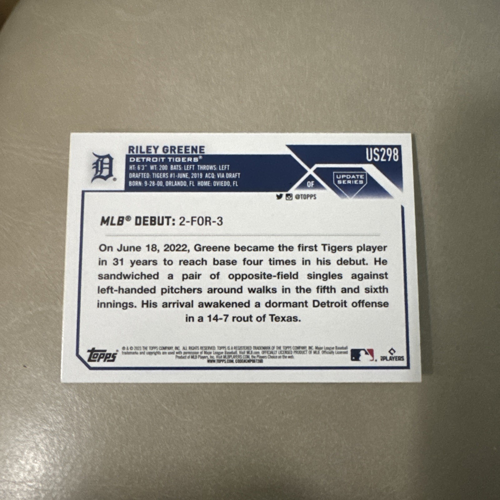 Riley Greene 2023 Topps Update #US298 Detroit Tigers ROOKIE
