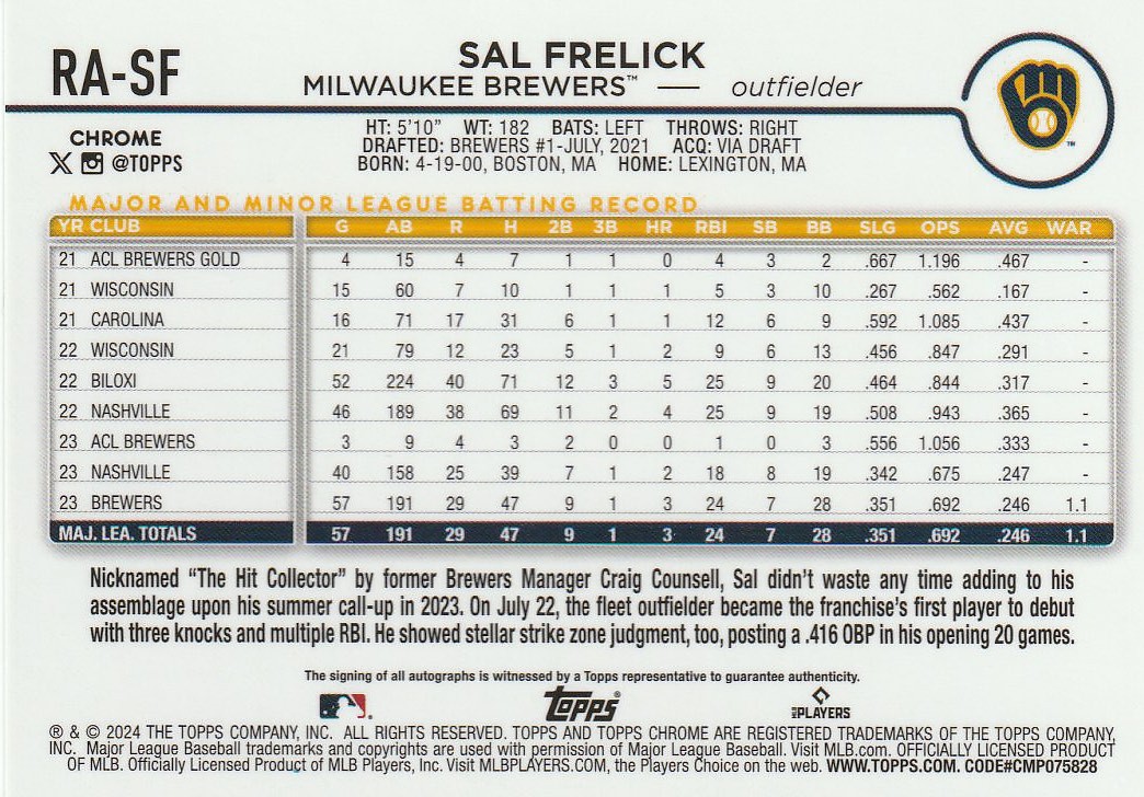 2024 Sal Frelick RC Topps Chrome #RA-SF Rookie Auto – Brewers