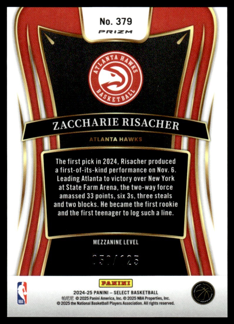 2024-25 Panini Select Rookie Mezzanine White Prizm Zaccharie Risacher Rookie