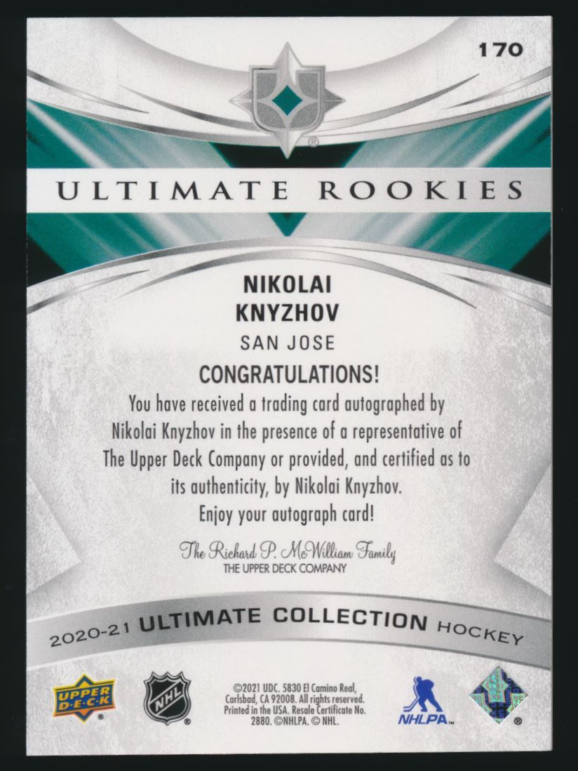 2020-21 Ultimate Collection Rookies Auto #170 Nikolai Knyzhov RC Auto 234/299