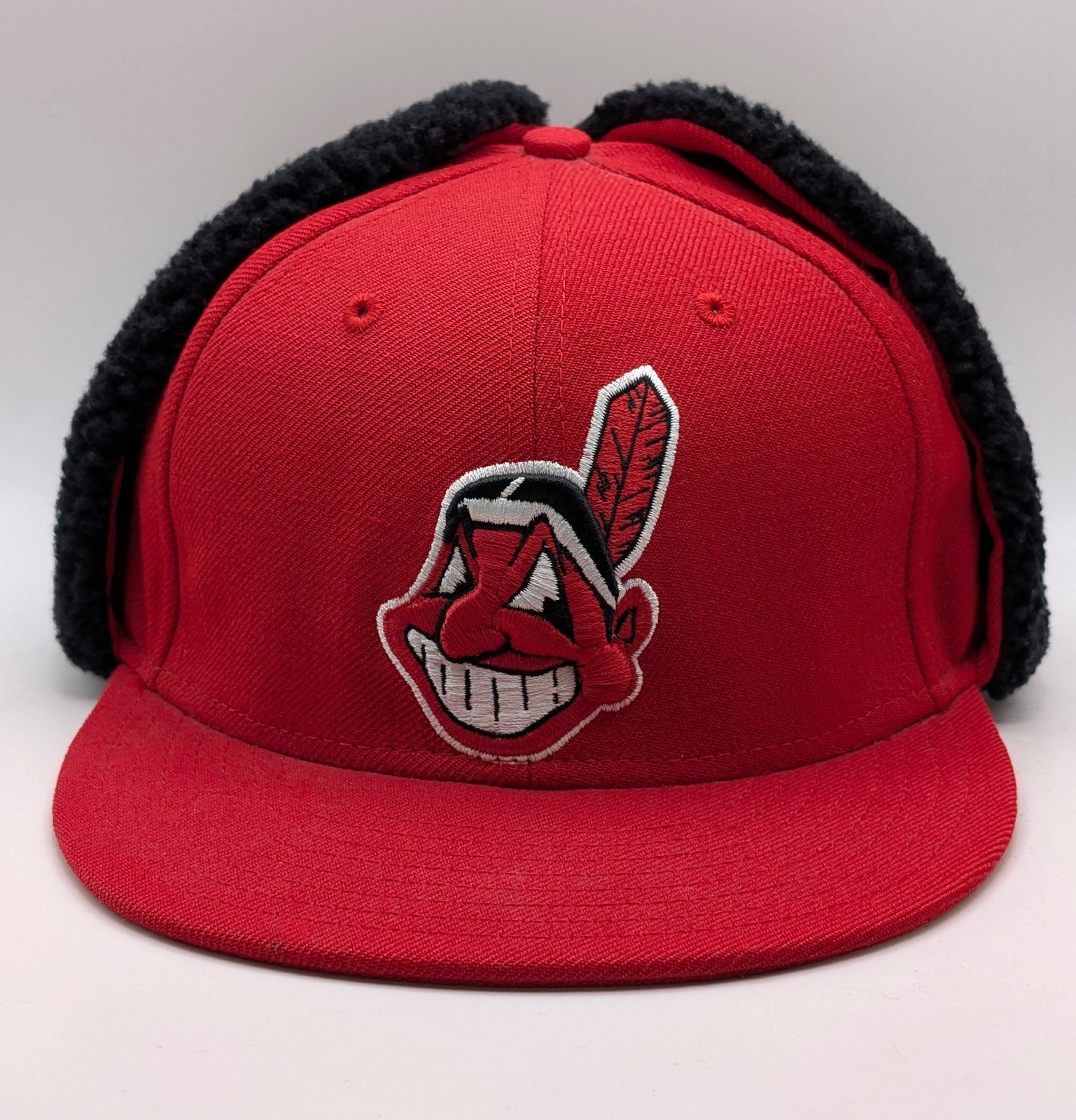 New Era MLB Cleveland Indians Chief Wahoo Fur Ear Flaps Fitted Hat Size 7 1/4