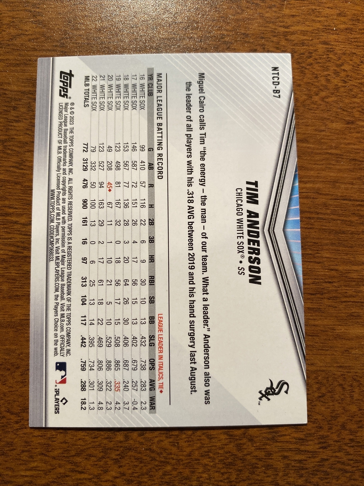 TIM ANDERSON 2023 TOPPS INTERNATIONAL TRADING CARD DAY #NTCD-B7 / WHITE SOX A17