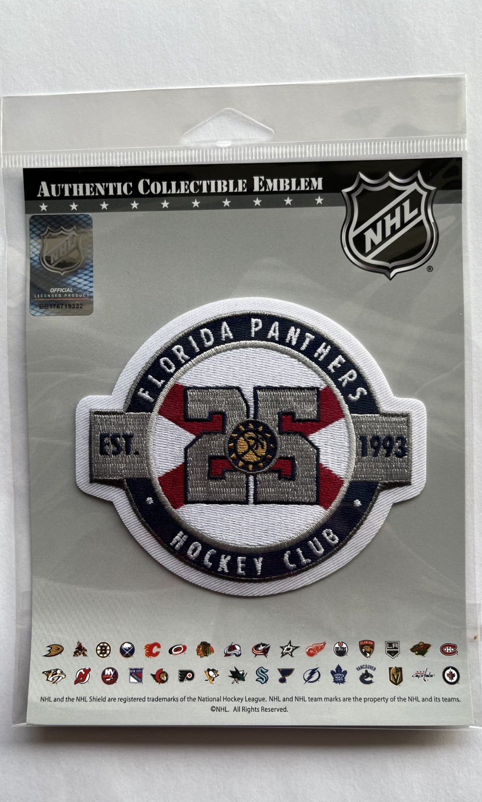 1993 2018 FLORIDA PANTHERS 25TH ANNIVERSARY PATCH “WHITE” PLAYER JERSEY STYLE