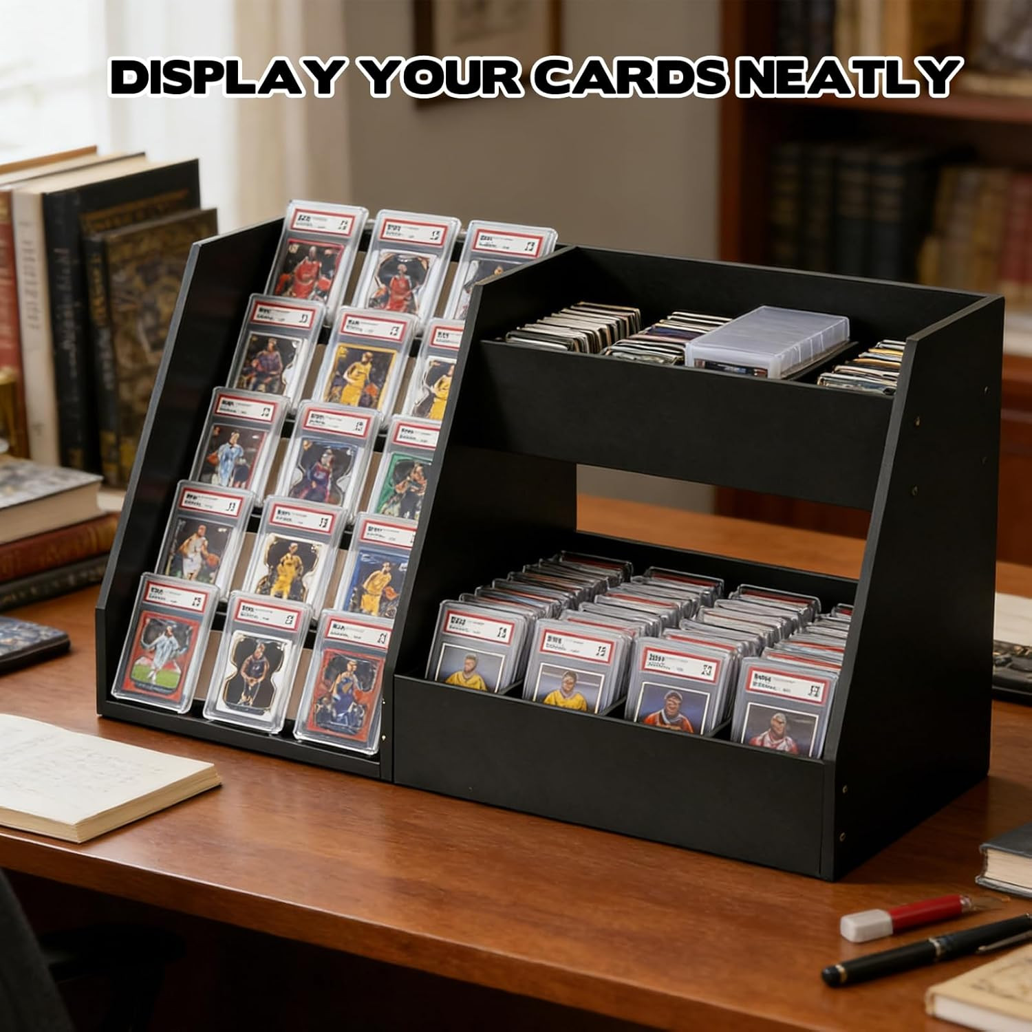 5-Tier Wooden Trading Card Display Stand for 200+ Graded Slabs
