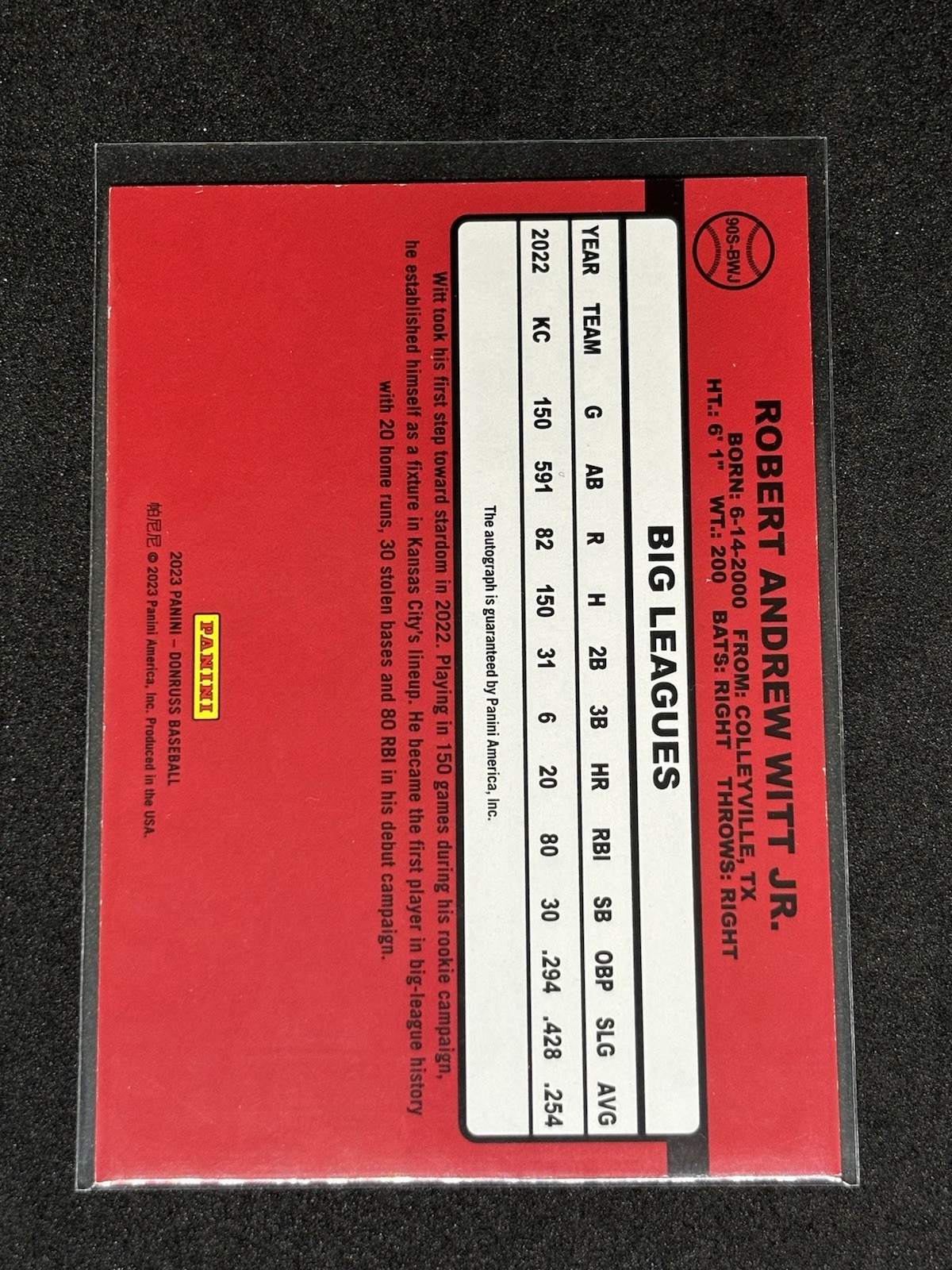 2023 Panini Donruss – Retro 1990 Signatures Bobby Witt Jr. #90S-BWJ Red /99 (AU)