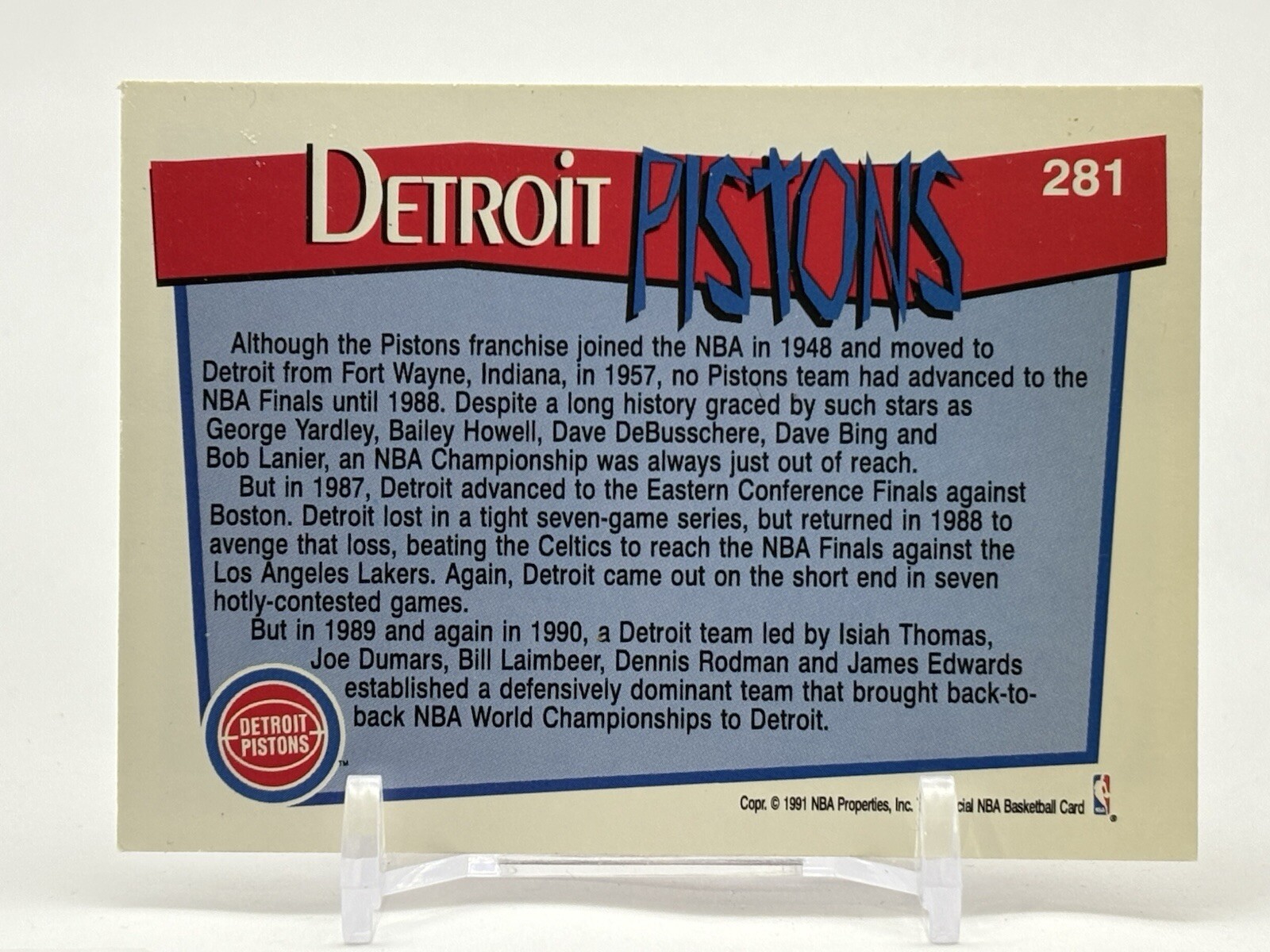 1991 NBA Properties #281 Detroit Pistons