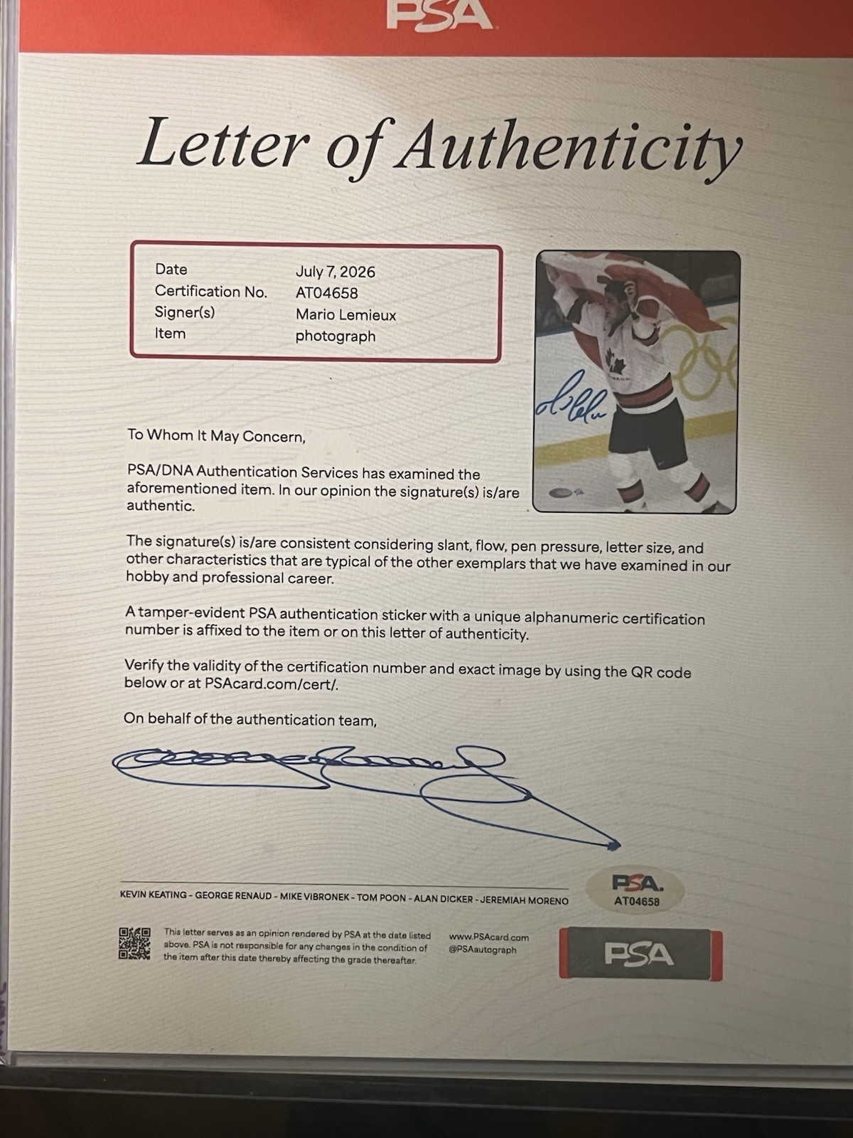 Mario Lemieux Penguins Team Canada LIMITED Autographed Framed Photo W/ PSA LOA