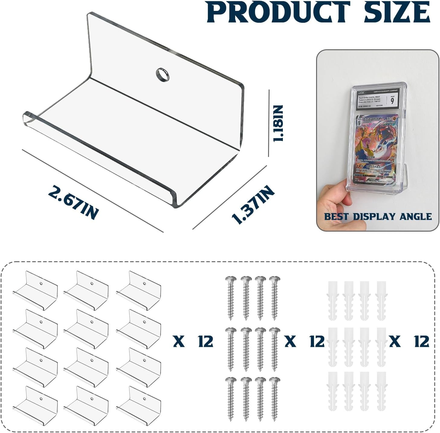 12 Pack Sports Card Slab Display Shelf for Wall, Acrylic Clear Graded Trading Ca