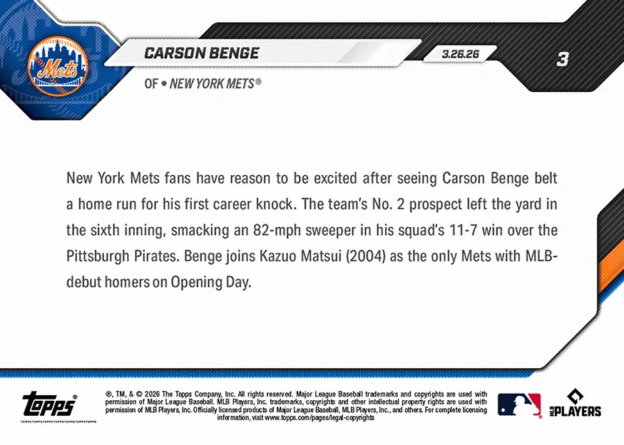 Carson Benge RC 1st HR Debut Opening Day- 2026 MLB Topps NOW – Card 3