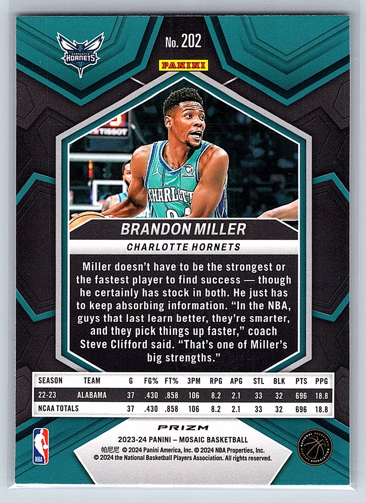 2023-24 Panini Mosaic #202 Brandon Miller Mosaic