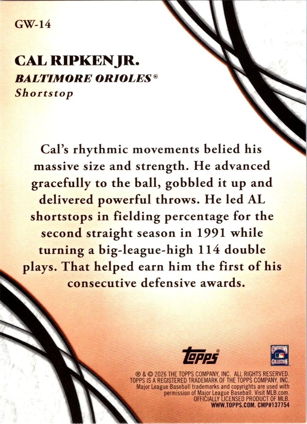 2026 Topps Series 2 #GW-14 Cal Ripken, Jr. – Glove Work Insert