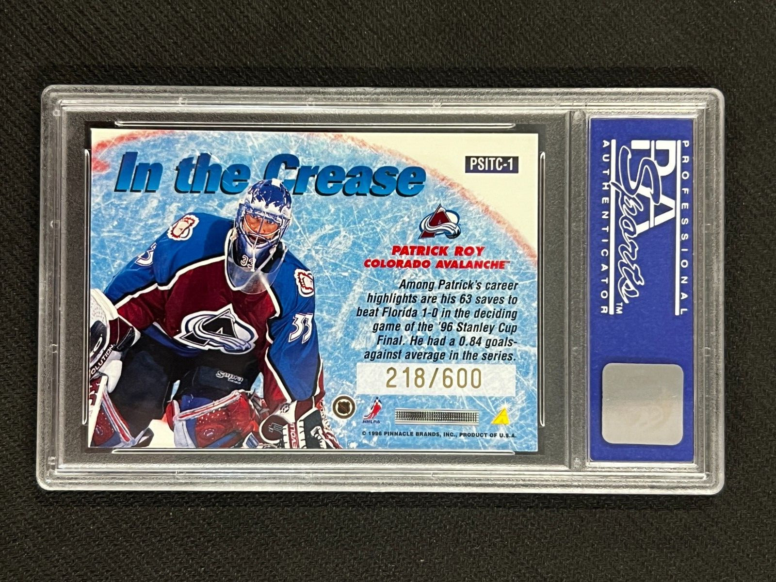 PSA 8 1996-97 Pinnacle Summit In The Crease #1 Patrick Roy Premium Stock /600