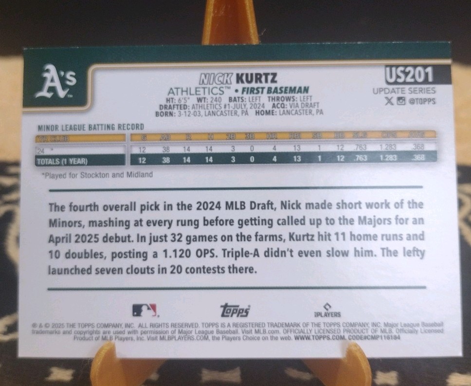 2025 Topps Update Series – NICK KURTZ US201 YELLOW BORDER. CVS EXCLUSIVE RC SP .