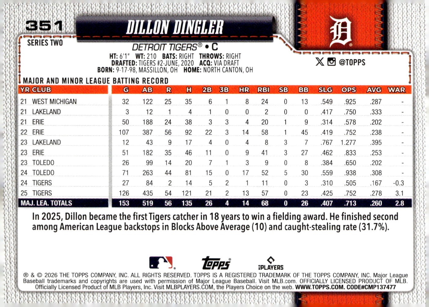 2026 Topps #351 Dillon Dingler Detroit Tigers