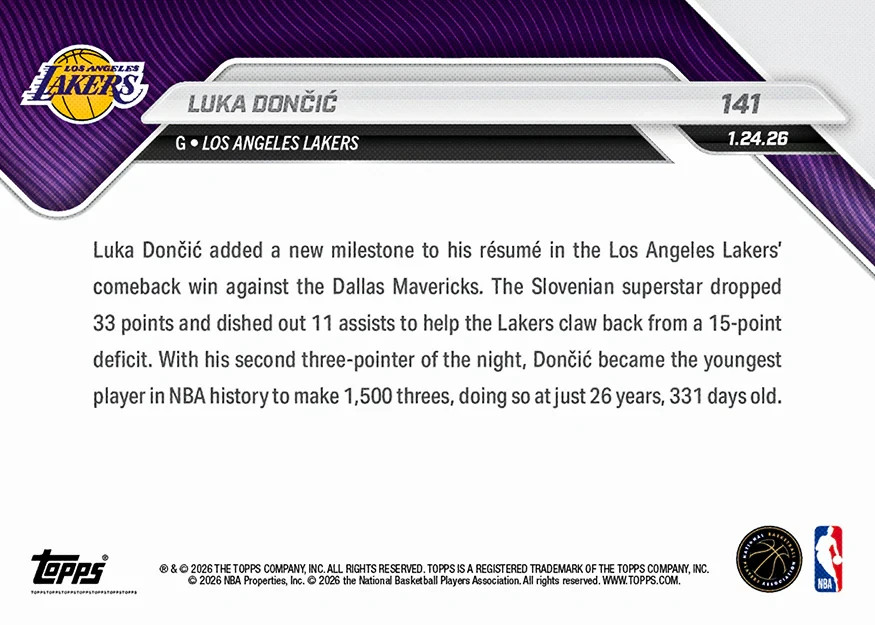 Luka Doncic 1,500 3PM 2025-26 NBA Topps NOW Card 141
