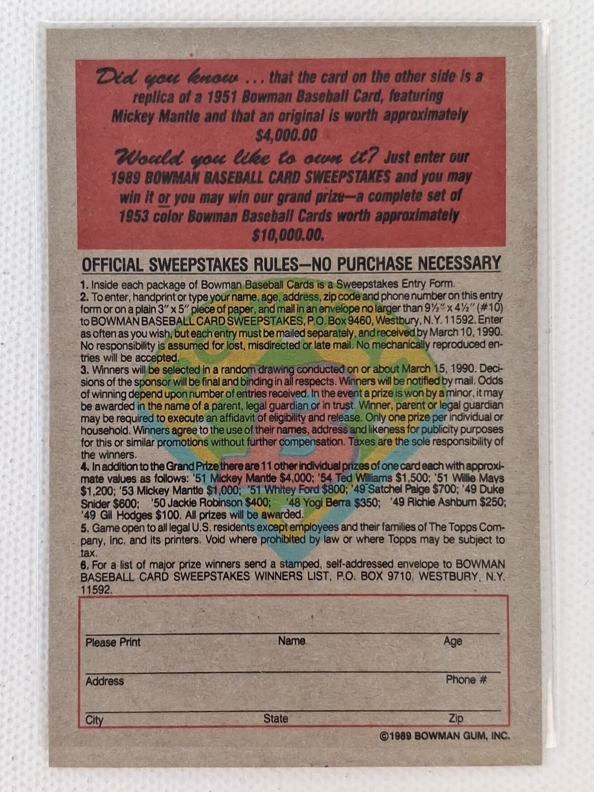 1989 Bowman – Mickey Mantle (RC) 1951 Reprint
