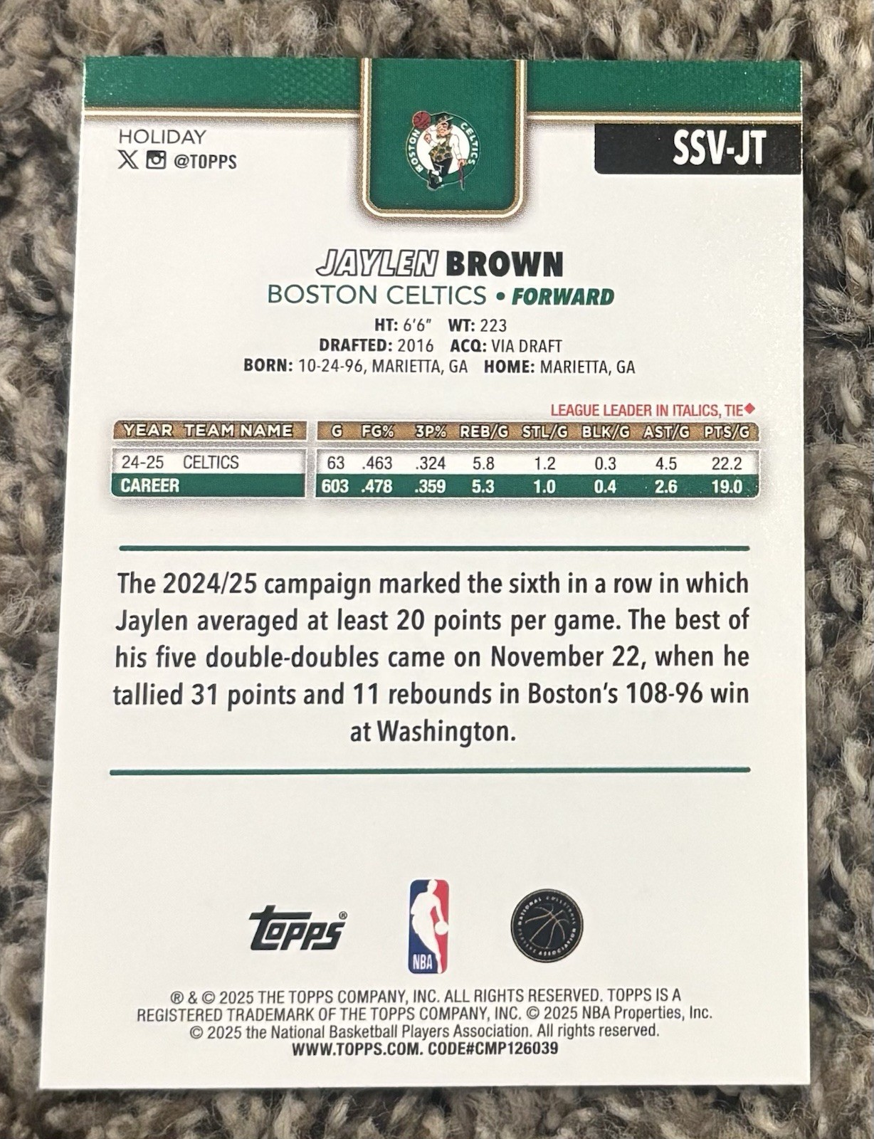 2025-26 Topps Holiday Jaylen Brown Snow Image Variation SP #SSV-JT Celtics