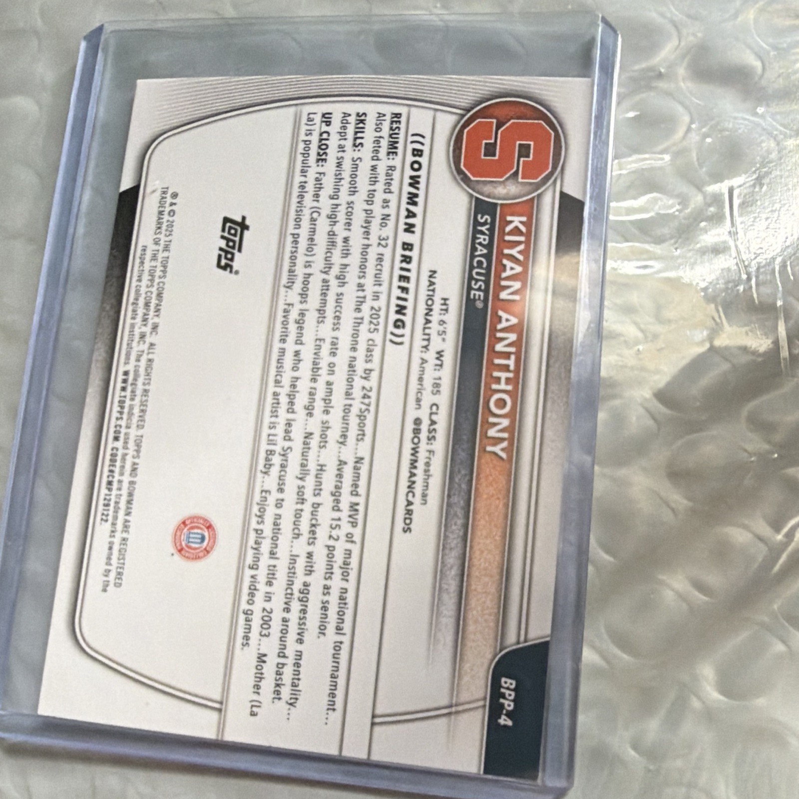 Topps Bowman U 2024 Kiyan Anthony Syracuse Orange 1st Prospects BPP-4 Yellow /75