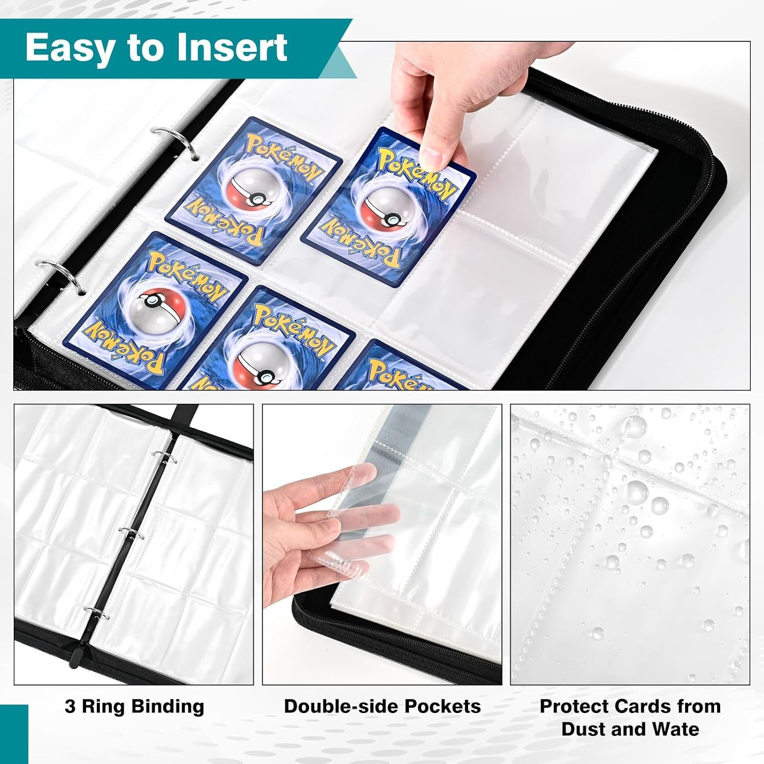 900 Card Pocket Binder with Zipper 9 Pocket Trading Card Album Folder Case Black
