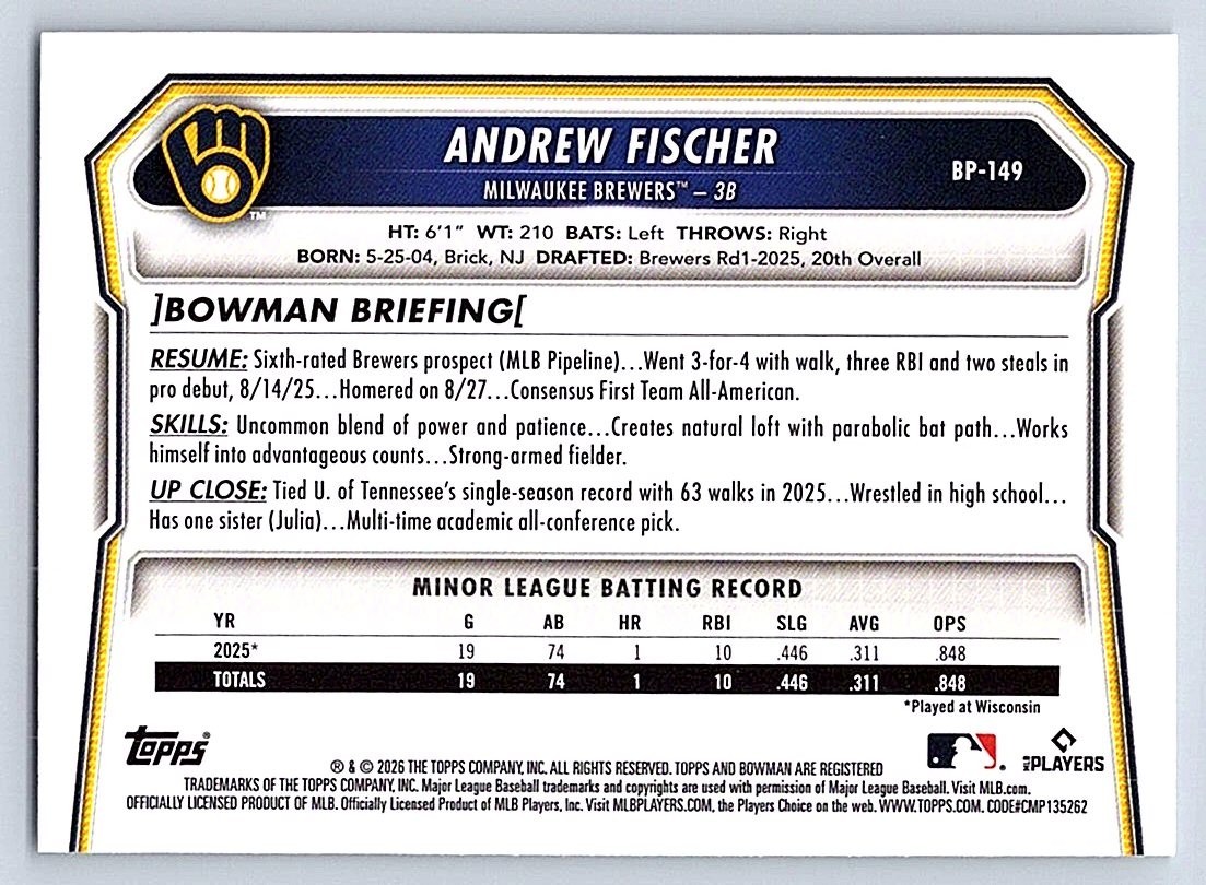 ANDREW FISCHER BREWERS RC 1st card 2026 BOWMAN PROSPECTS #BP- 149