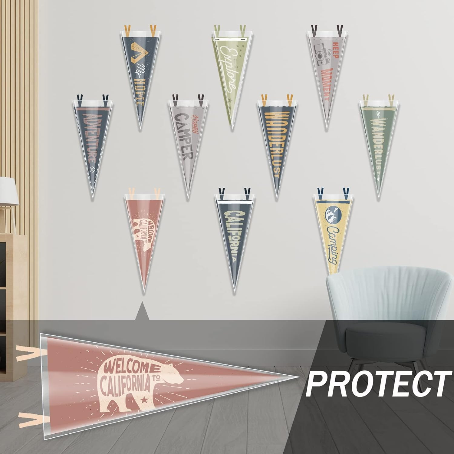 24 Pcs Soft Pennant Protective Sleeves Pennant Frame Holder for Display 12″ X 30