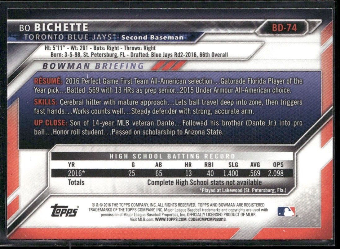 2016 Bowman Draft #BD-74 Bo Bichette