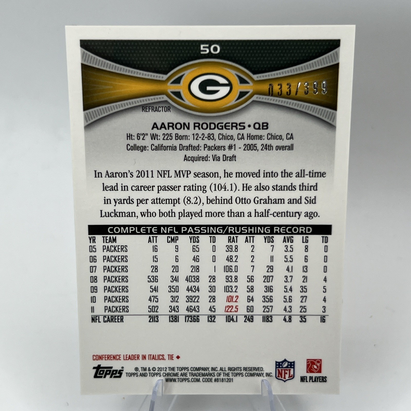 Aaron Rodgers 2012 Topps Chrome BCA Pink Refractor #50 Packers #d /399 D4