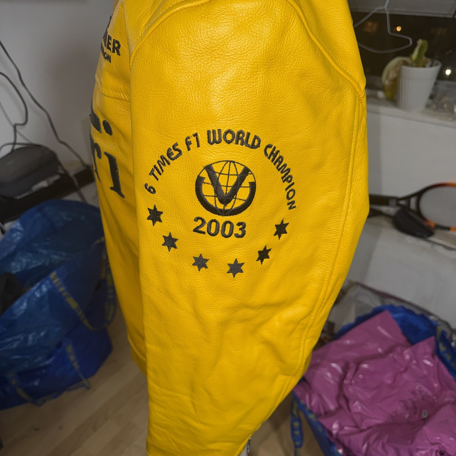 Vintage Michael Schumacher Ferrari Leather Jacket Mens Size large Yellow Black