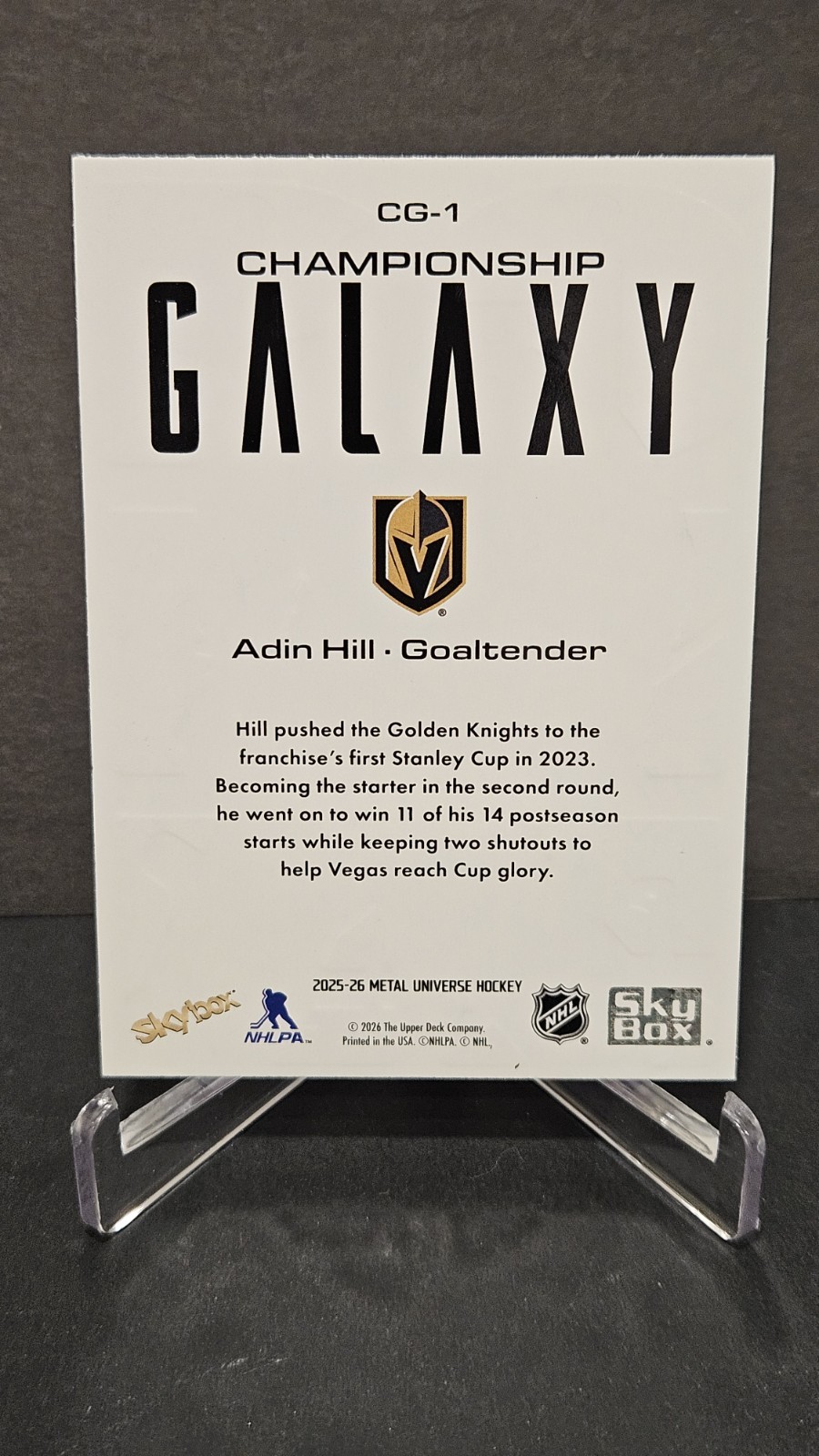 2025-26 SkyBox Metal Universe #CG-1 – Adin Hill – Championship Galaxy – Vegas