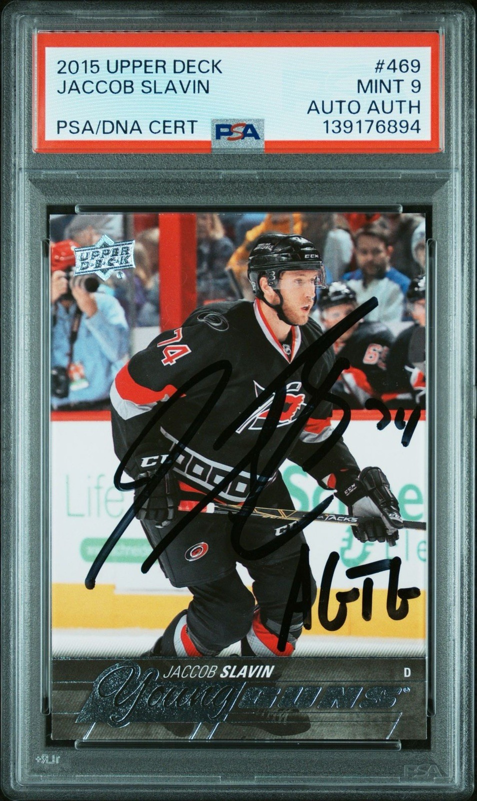 2015-16 Upper Deck Young Guns Jaccob Slavin #469 (RC) Autographed PSA 9