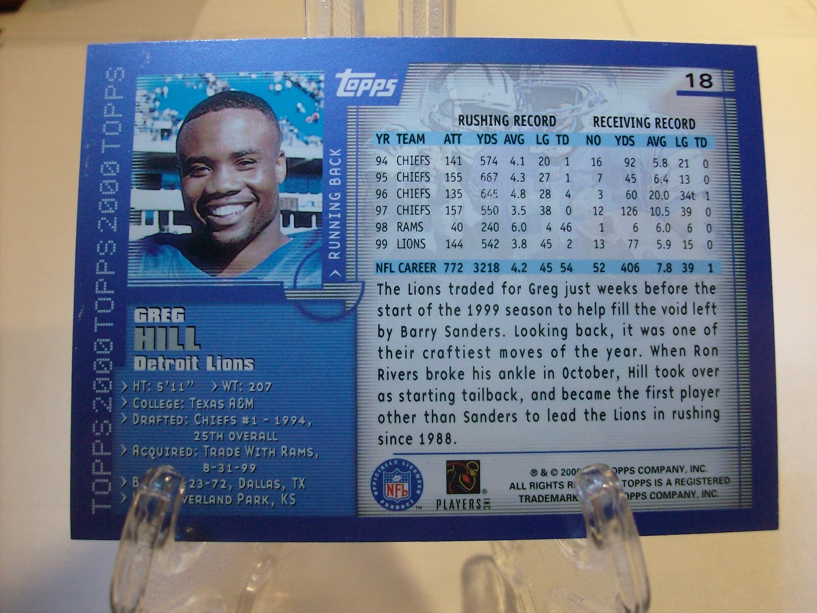 2000 Topps Football Card #18 Greg Hill (81909)