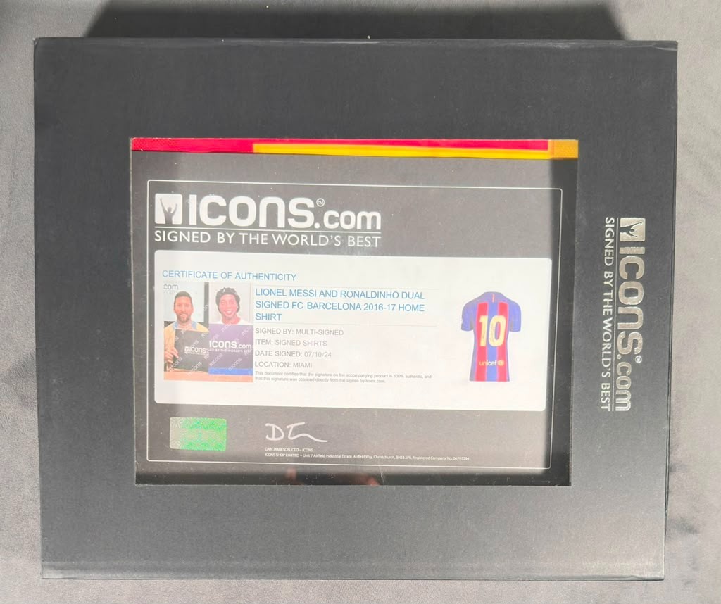 Lionel Messi Ronaldinho Signed Dual Barcelona 2019/20 Jersey Icons COA Auto